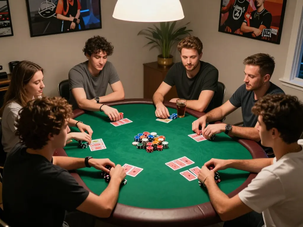 Fun88 poker night with friends engaged in strategic gameplay, vibrant atmosphere and lively interaction.