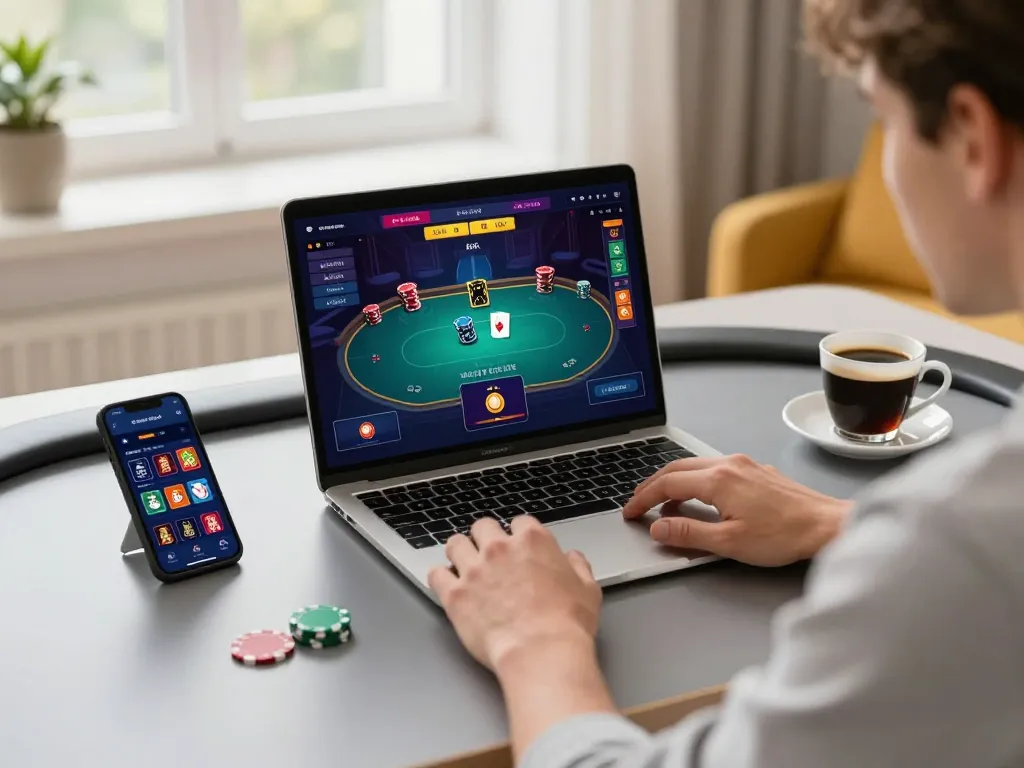 Engage in strategic online gambling at home with gamebaidoithuong on a laptop.