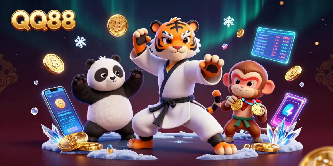 Engage with QQ88's thrilling gaming adventure featuring a kung fu master and animated crypto elements.