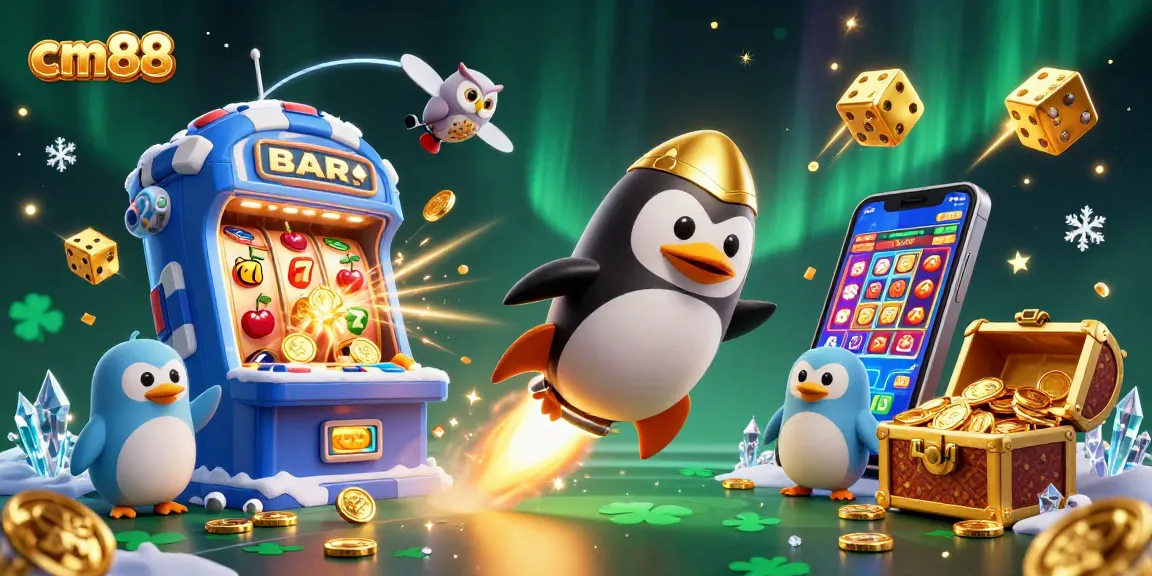 Experience the excitement of cm88 with a golden penguin soaring through a casino-themed galaxy, filled with jackpot symbols and vibrant colors.