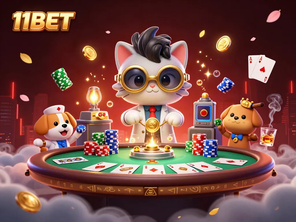 Experience thrilling gaming with 11BET at this vibrant, detailed casino scene featuring poker elements.