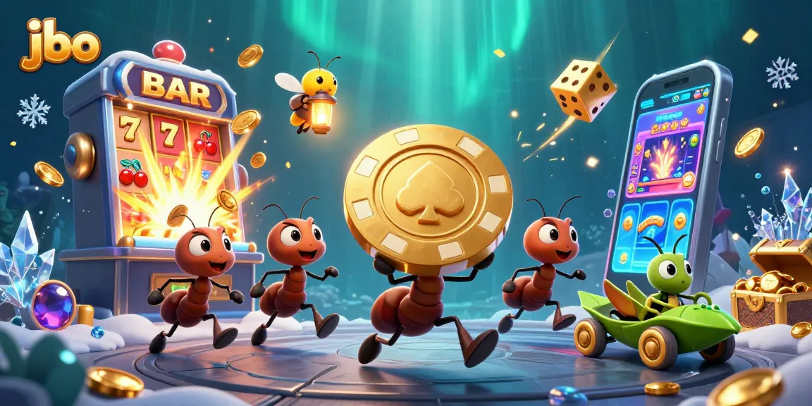 Join the jbo heist with ants carrying a giant poker chip amidst dazzling casino elements and excitement.