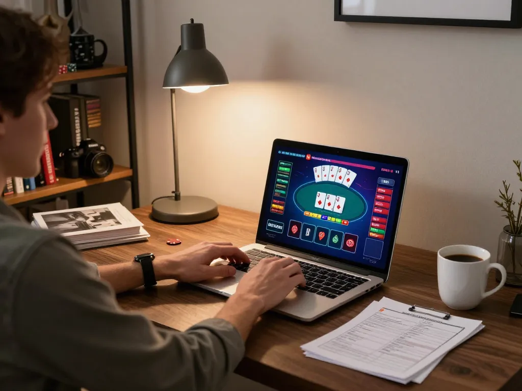 GO8 player engaged in online poker betting strategy at home with laptop and notes