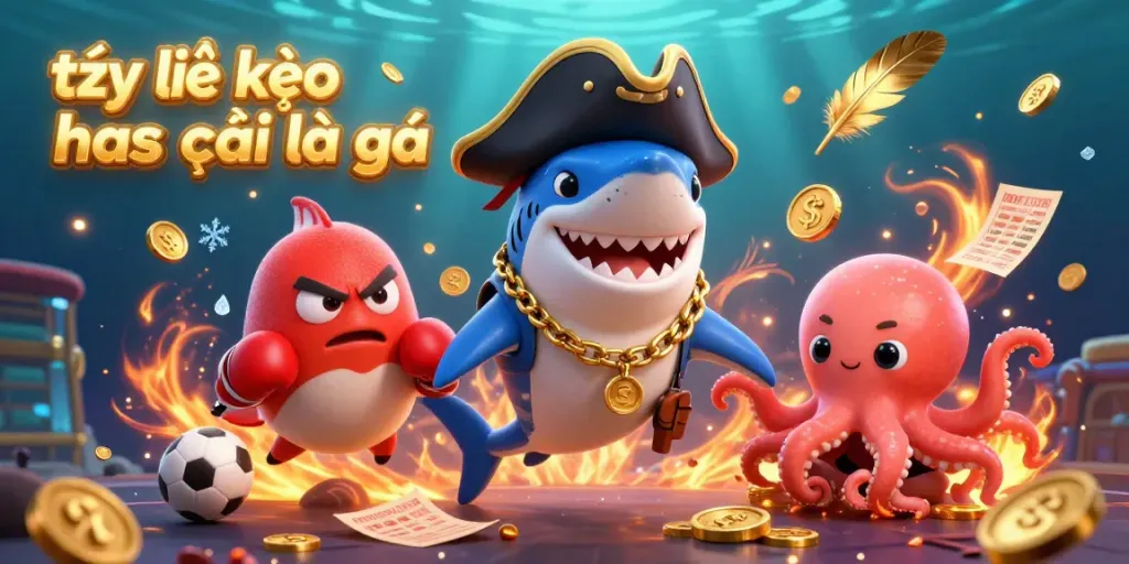Engaging illustration of sports betting featuring tỷ lệ kèo nhà cái là gì, with playful sea creatures in a dynamic arena.