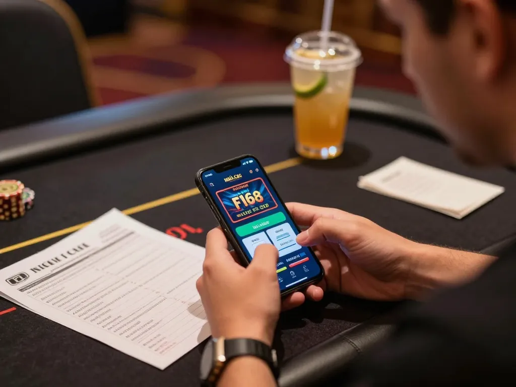 Player engaging with Nhà cái F168 app while strategizing bets at home