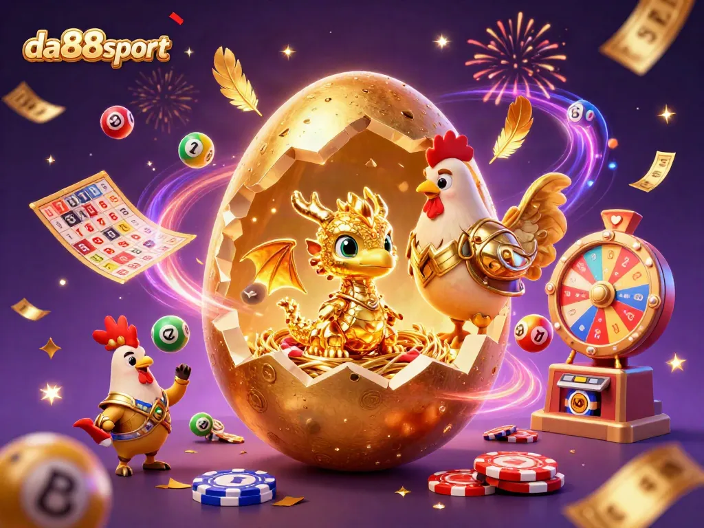 Spin and win with da88sport's magical dragon over poker chips and festive lottery elements!