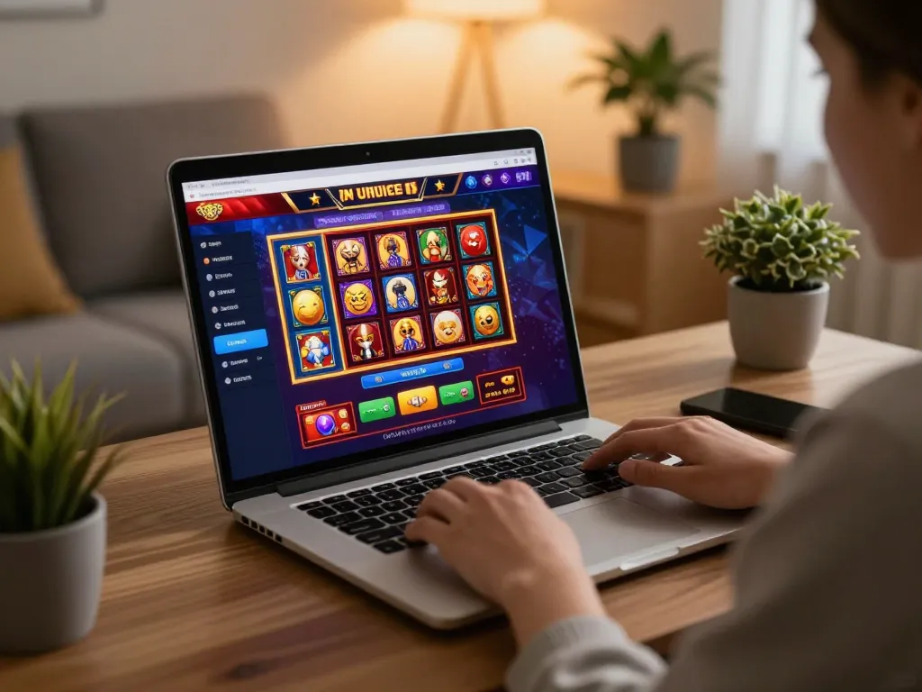 X888 user engaging with online casino games on a laptop in a cozy home office ambiance.