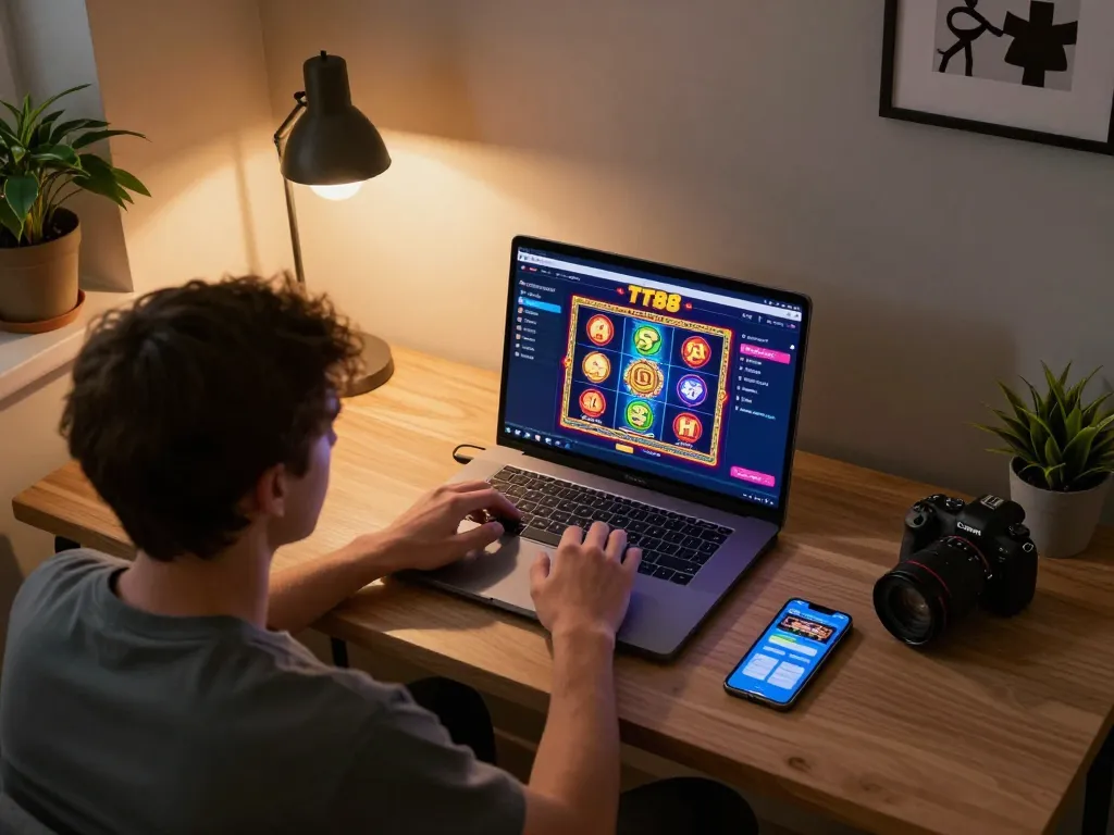 Engaged player experiencing TT88 online casino slot game on laptop in cozy home setting.