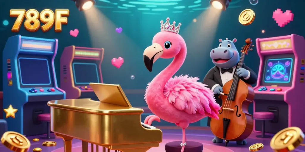 Engage in thrilling gameplay at 789F with a vibrant casino illustration showcasing a flamingo singer and a hippo bassist.