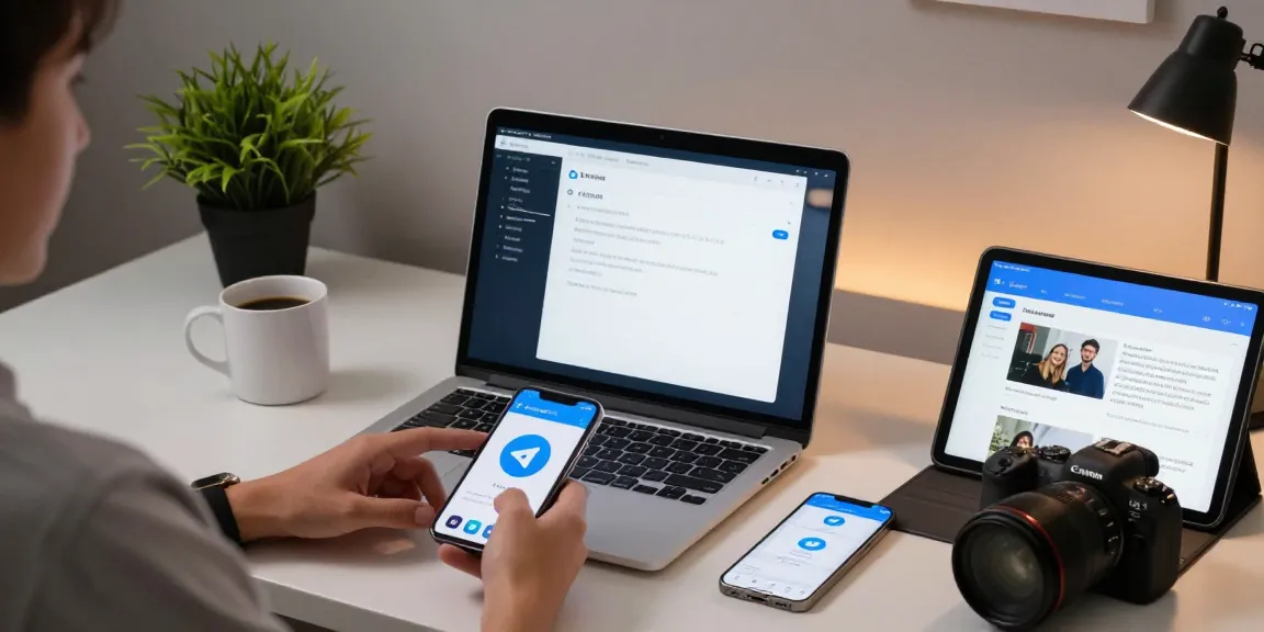 Setting up Telegram Chinese interface on a laptop and smartphone in a modern workspace.