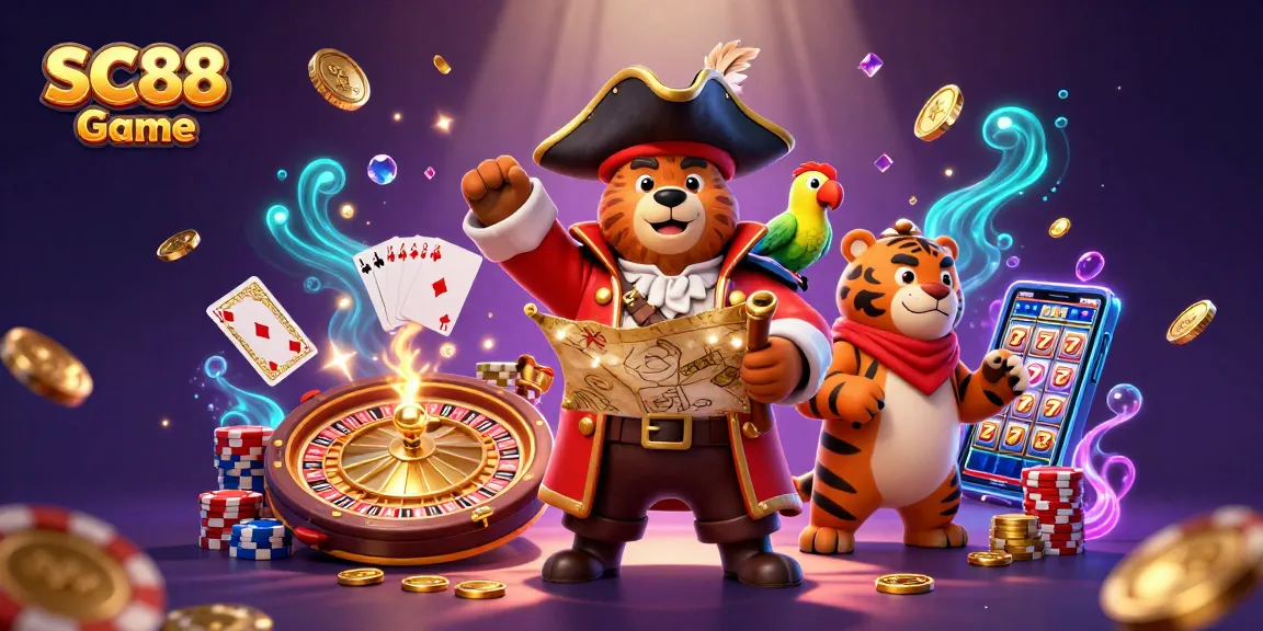 Engage with SC88 Game's vibrant casino scene featuring a bear captain, tiger first mate, and gold coins.