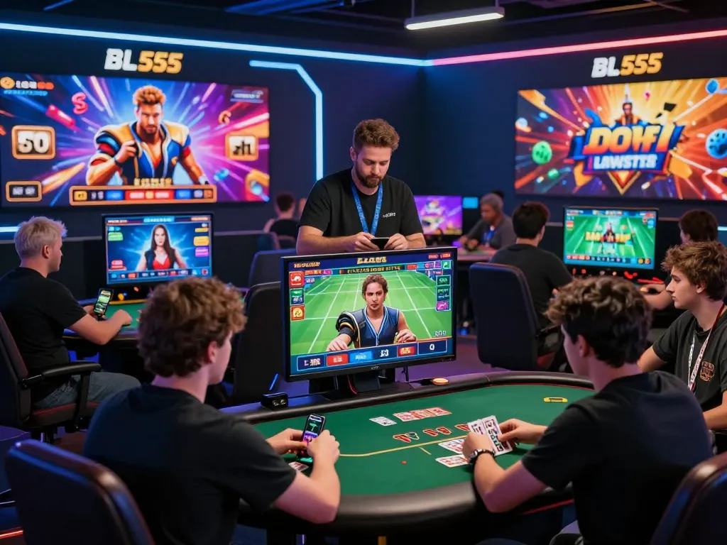 Engaging online gaming scene at https://bl555.productions/ with diverse players in live casino and sports betting.