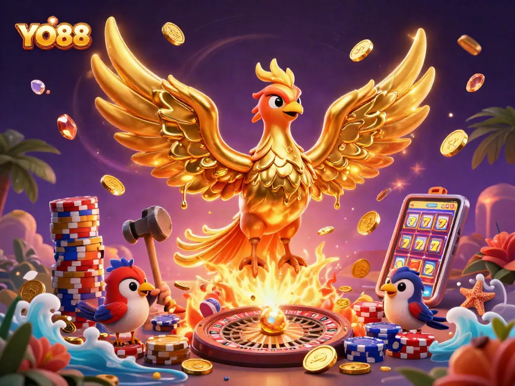 Join the excitement with YO88's 3D golden phoenix and vibrant casino elements!