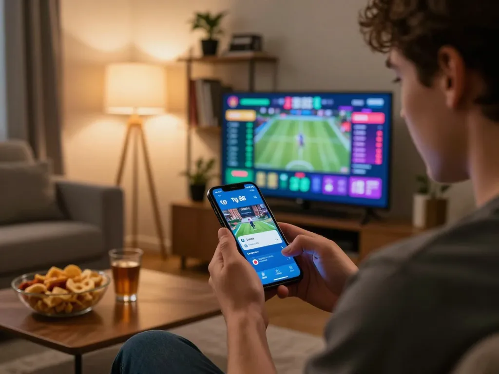 Engaging moment of a user betting on tg 88 app using a smartphone in a cozy living room