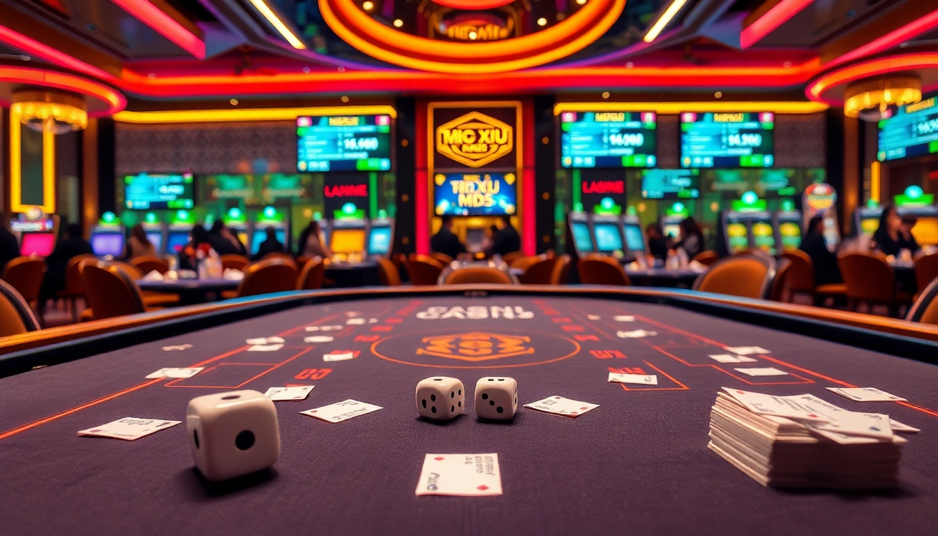 Tài xỉu md5 gaming table highlighting the excitement of dice and betting in a luxurious casino environment.