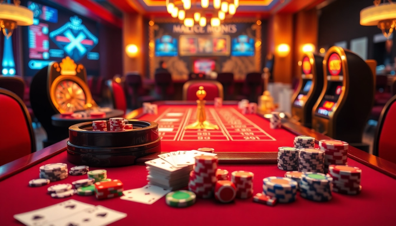 Experience luxury gambling with https://8kkbet.com/ in a vibrant online casino scene featuring poker chips and roulette.