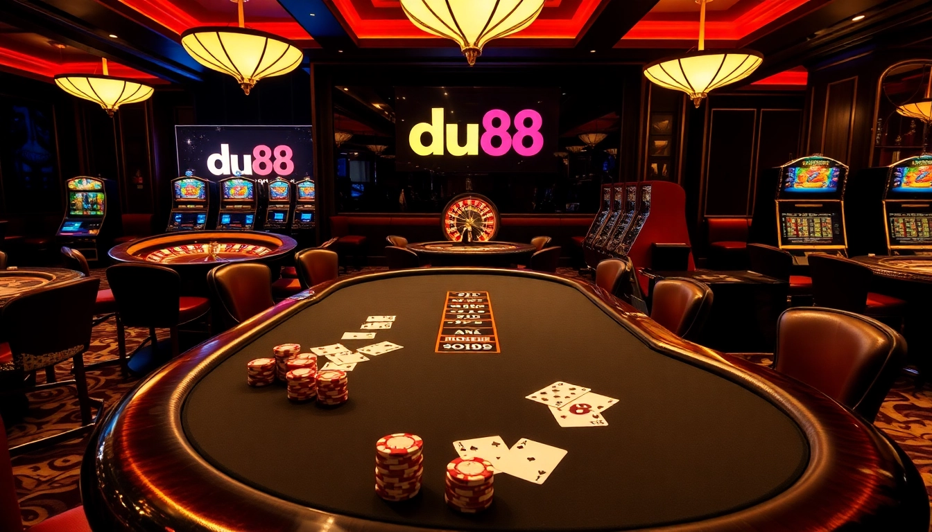 Engaging scene of high-stakes gambling featuring du88 casino elements like poker chips and cards.