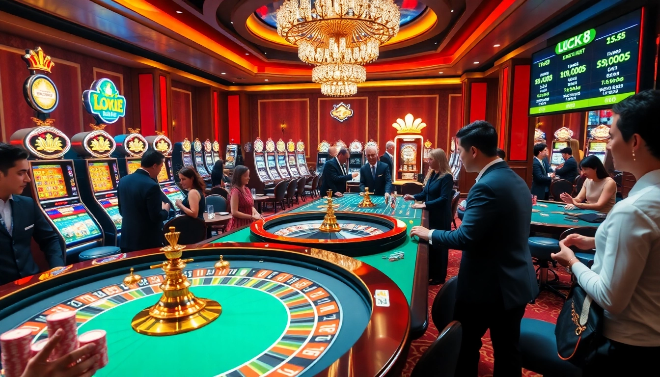 Experience the thrill of gaming at Luck8, with players engaging at a vibrant roulette table.