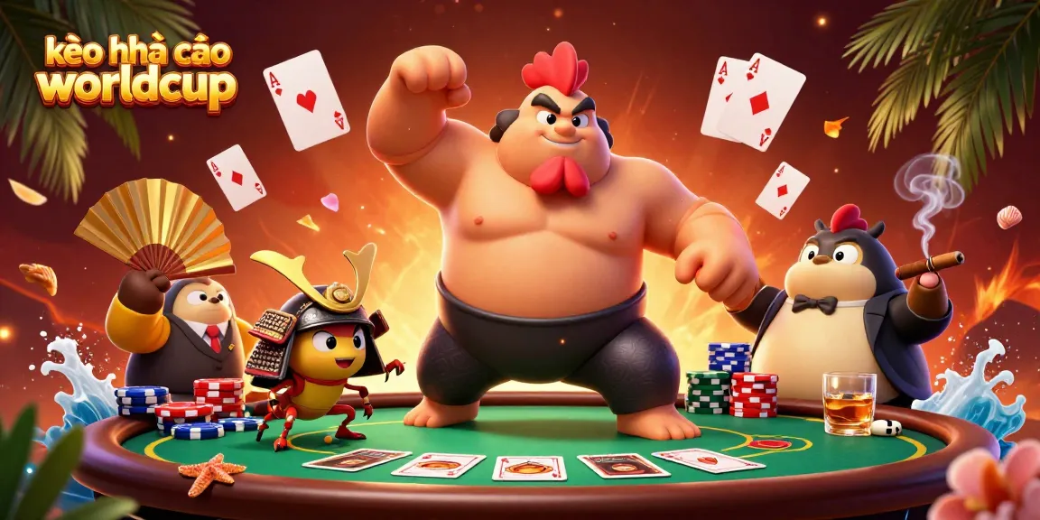 This vibrant scene showcases kèo nhà cái worldcup with dynamic characters and poker elements, creating an engaging gambling atmosphere.