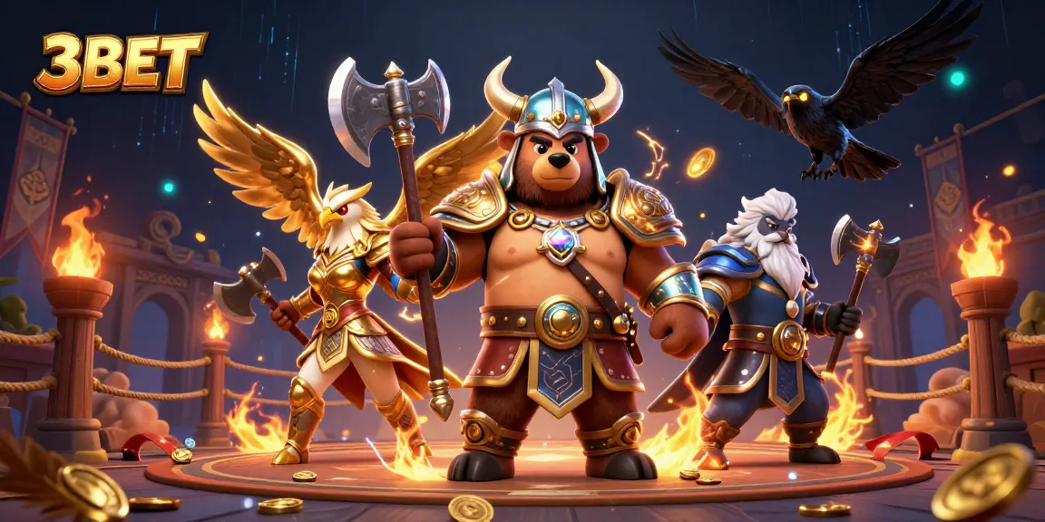 Experience thrilling gameplay with 3BET, featuring bold Viking characters in a vibrant casino setting.