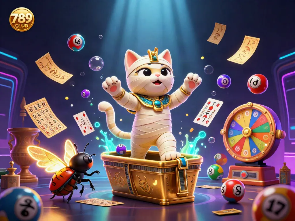 Feel the excitement at 789CLUB with a mummy cat and scarab amidst vibrant gaming elements.