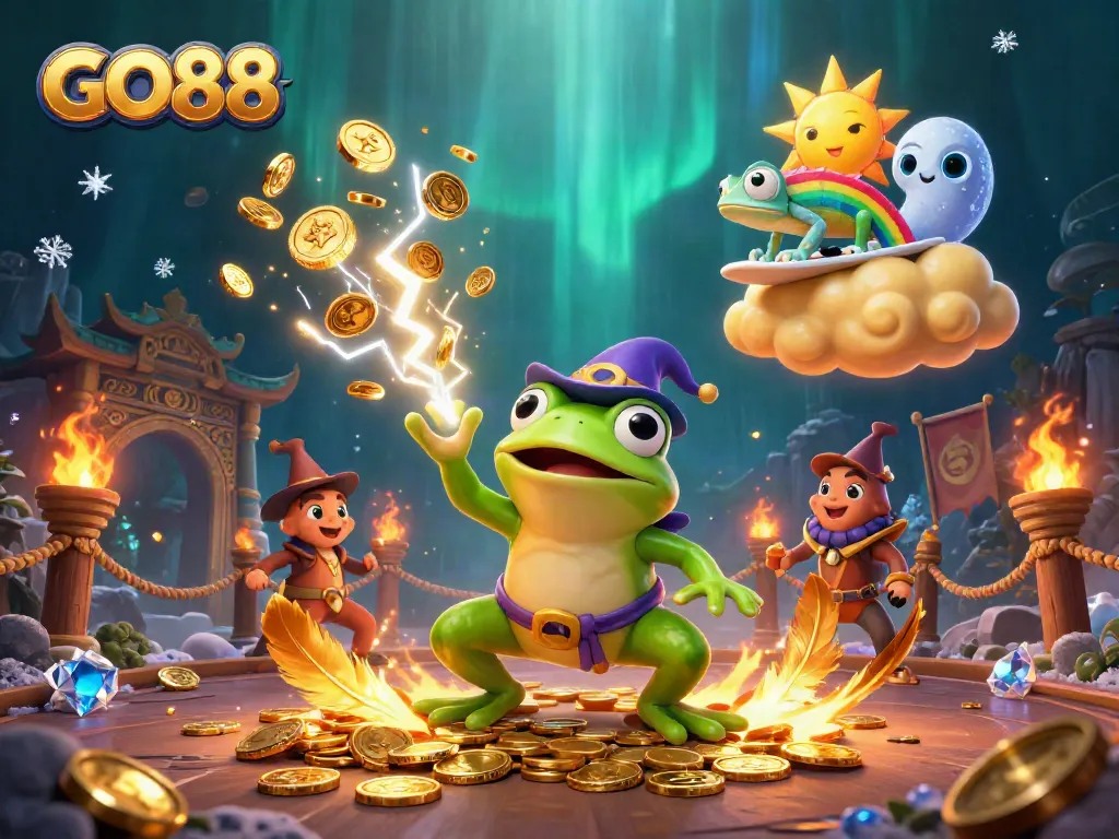 Engage in thrilling gameplay at GO88, where vibrant characters conjure golden coins amidst magical elements.