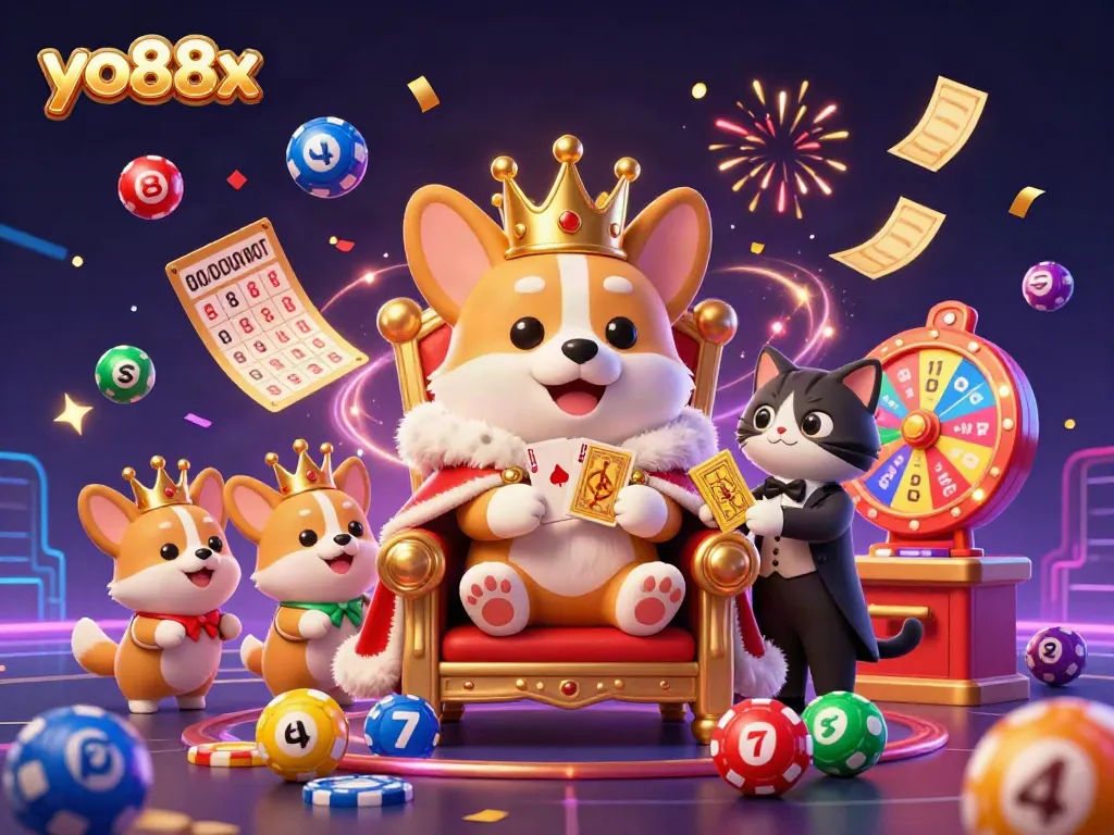 Engage in thrilling gameplay at yo88x with a festive 3D illustration of royal corgis, lottery elements, and vibrant celebrations.