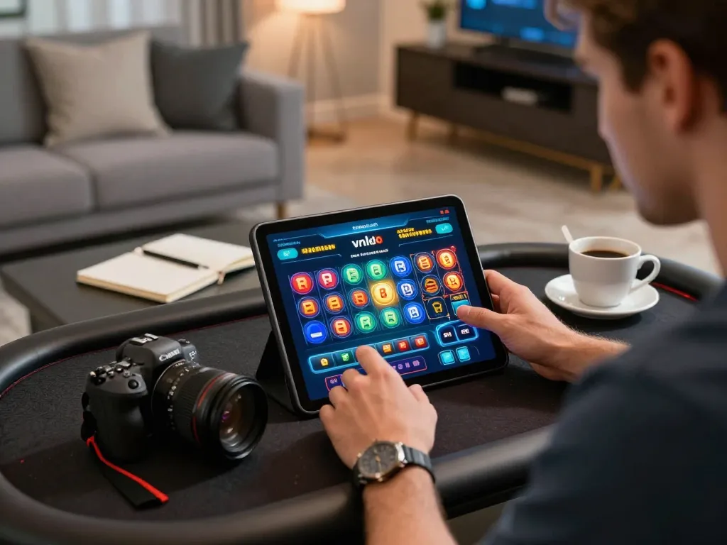 Player engaging with vnloto online casino app on tablet in a modern living room.