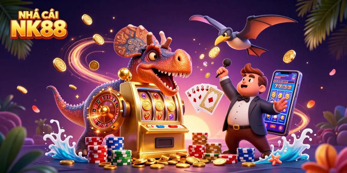 NHÀ CÁI NK88 showcases a pachycephalosaurus winning a jackpot at a thrilling casino scene.