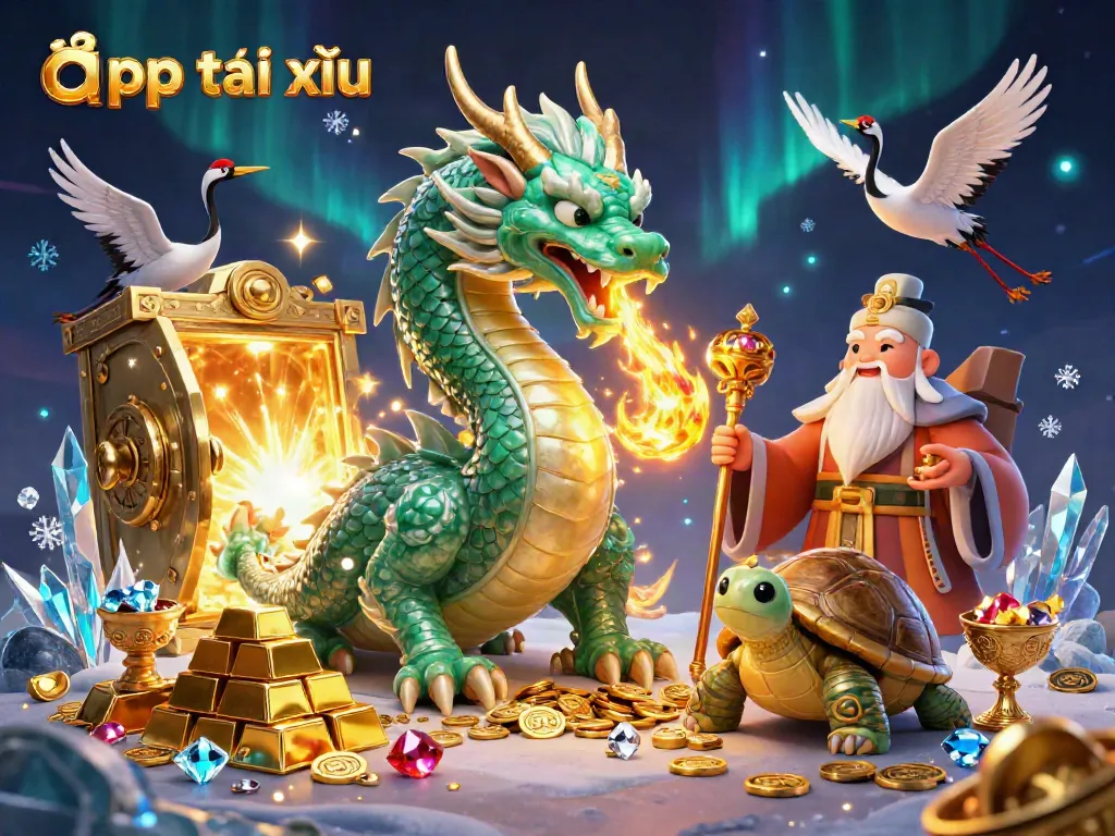 Experience the app tài xỉu with a massive jade dragon and treasures in a vibrant, enchanting scene.