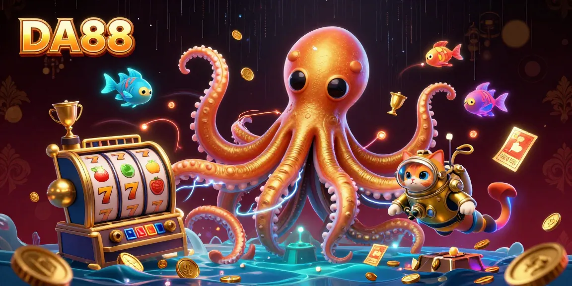 DA88's vibrant gaming scene features a colossal kraken, diving cat, and casino elements.