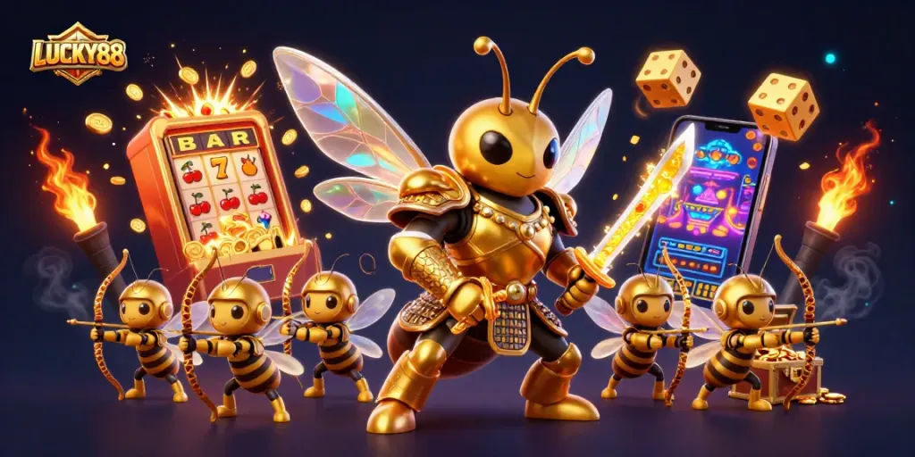 LUCKY88 captivates with a fantasy scene of a golden hornet warrior and jackpot symbols bursting with excitement.