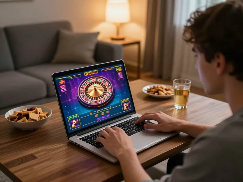 Online gaming scene where user plays casino games on laptop, showcasing https://da88.navy/ in a comfortable living room.