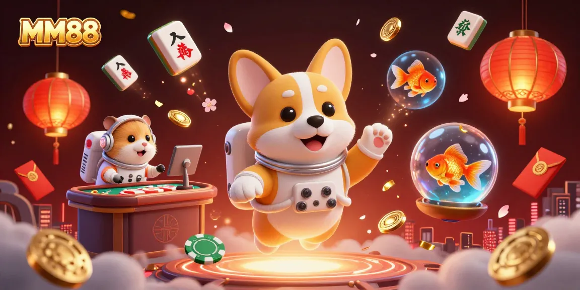 Experience the MM88 excitement with floating poker chips and whimsical characters in a vibrant casino scene.