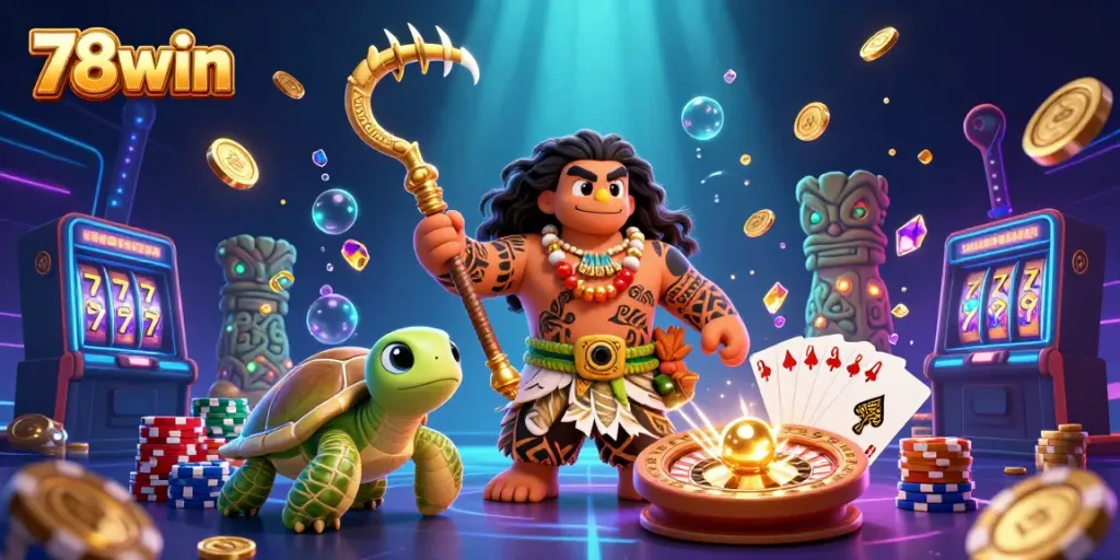 Experience the excitement of 78win with a dynamic 3D casino scene showcasing treasures and gaming elements.