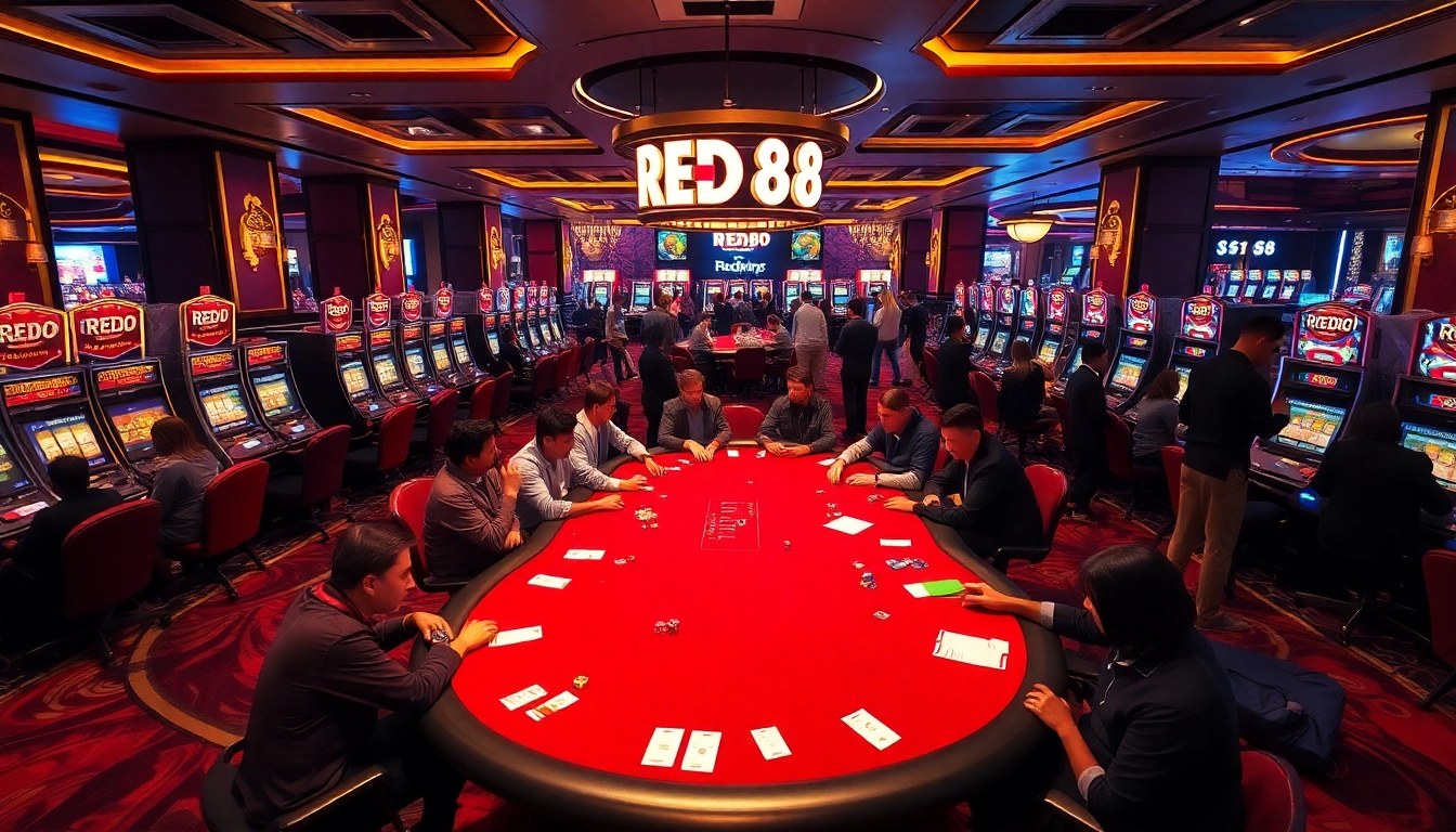 Play exciting poker at RED88 casino with vibrant tables and slot machines in a thrilling atmosphere