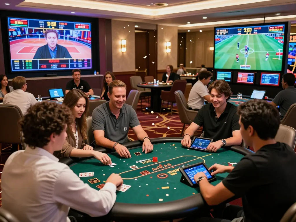 Dynamic online casino atmosphere with mm oo participants engaging in live games and sports betting.
