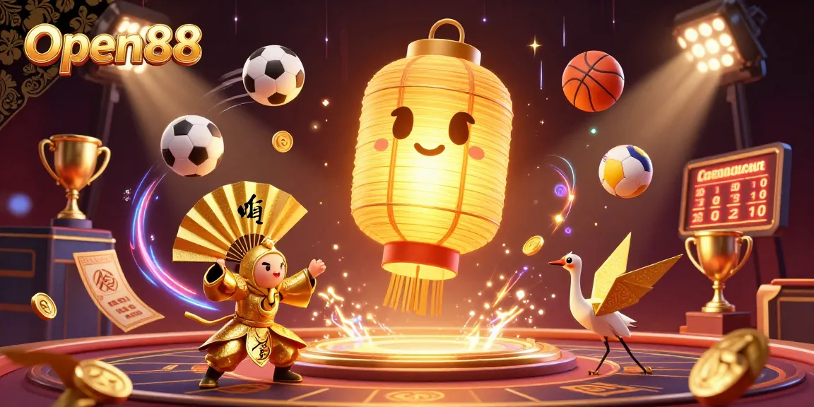 Open88 showcases an exciting casino scene with a golden lantern spirit and dynamic game elements, highlighting vibrant betting action.