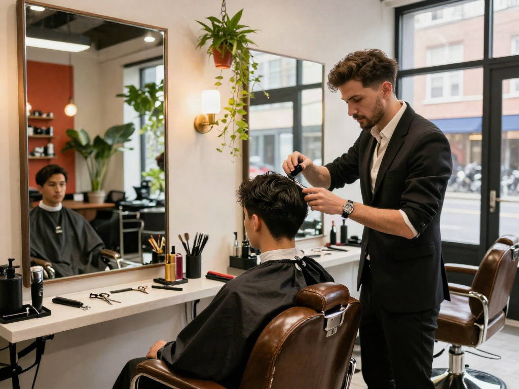 Barber trimming hair at https://carbonegroupparrucchieri.it/ in a stylish salon with modern decor.