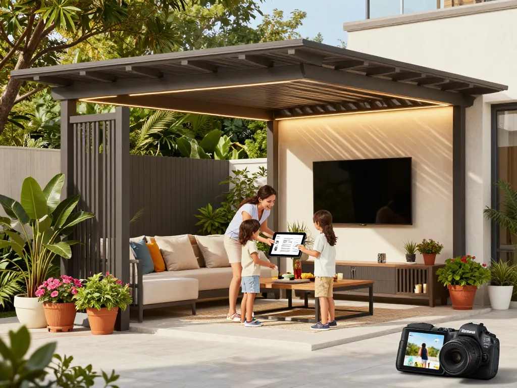 Family selecting features on a configuratore 3D pergola in a bright, inviting backyard setting.