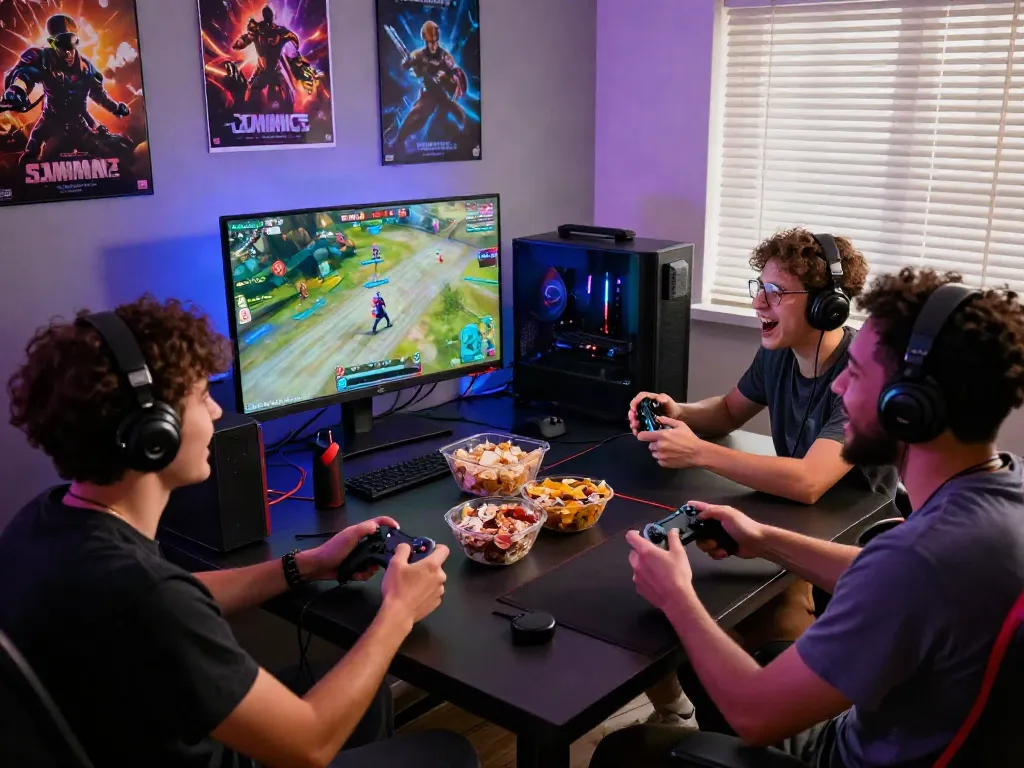 Friends enjoying a multiplayer game together in a vibrant gaming setup featuring rokok88 themes and interactive decor.
