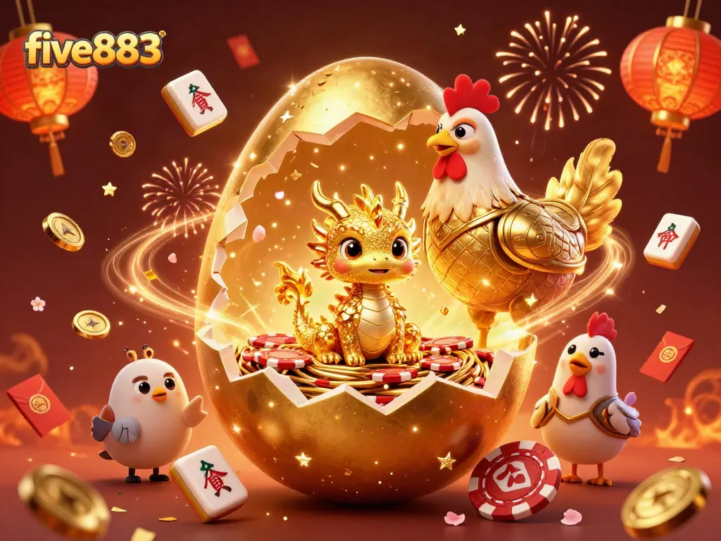 Experience thrilling wins at five883 with a golden baby dragon atop poker chips in a festive casino scene.