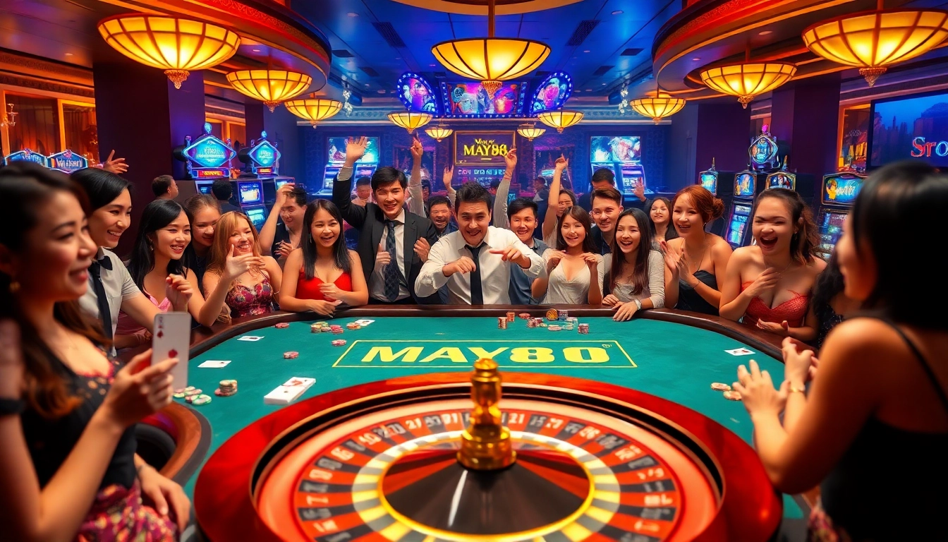 Exciting May88 branded casino scene with players at a table enjoying poker and roulette.
