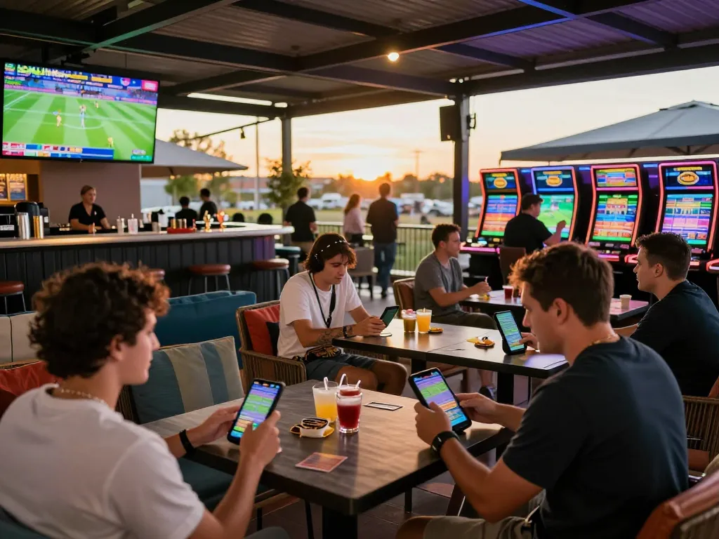 Excited patrons placing bets on mobile devices at the Oxbet sports betting patio, vibrant atmosphere