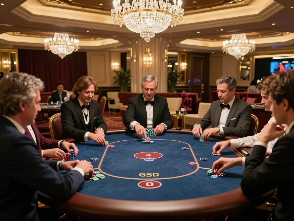 Engaged players in high-stakes poker at NHÀ CÁI XO88's luxurious gaming room, showcasing strategic bets.