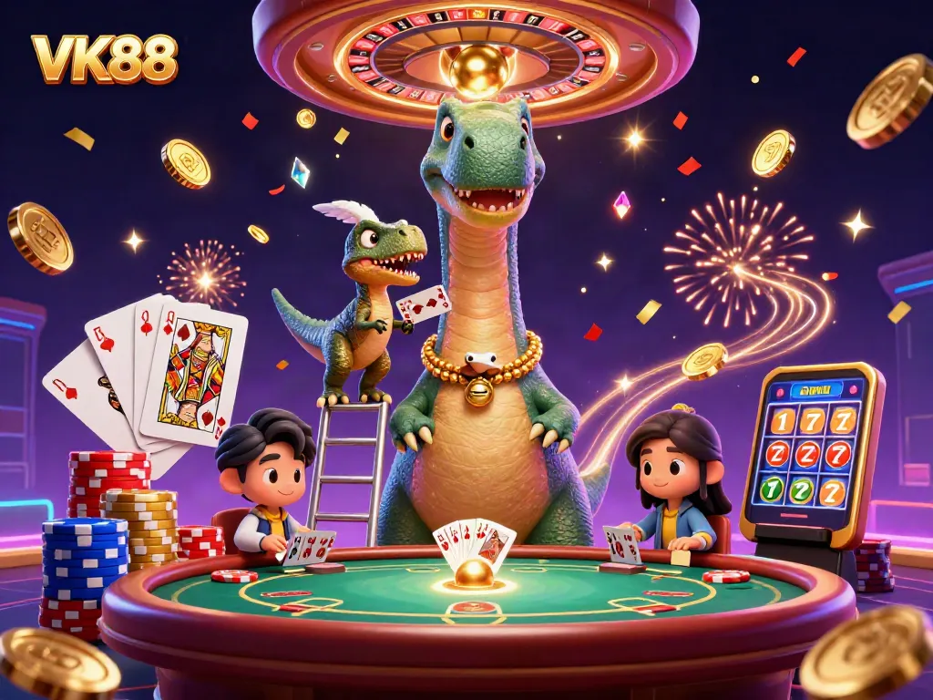 Engage with VK88 gaming thrills in a vibrant casino scene filled with cards and chips.