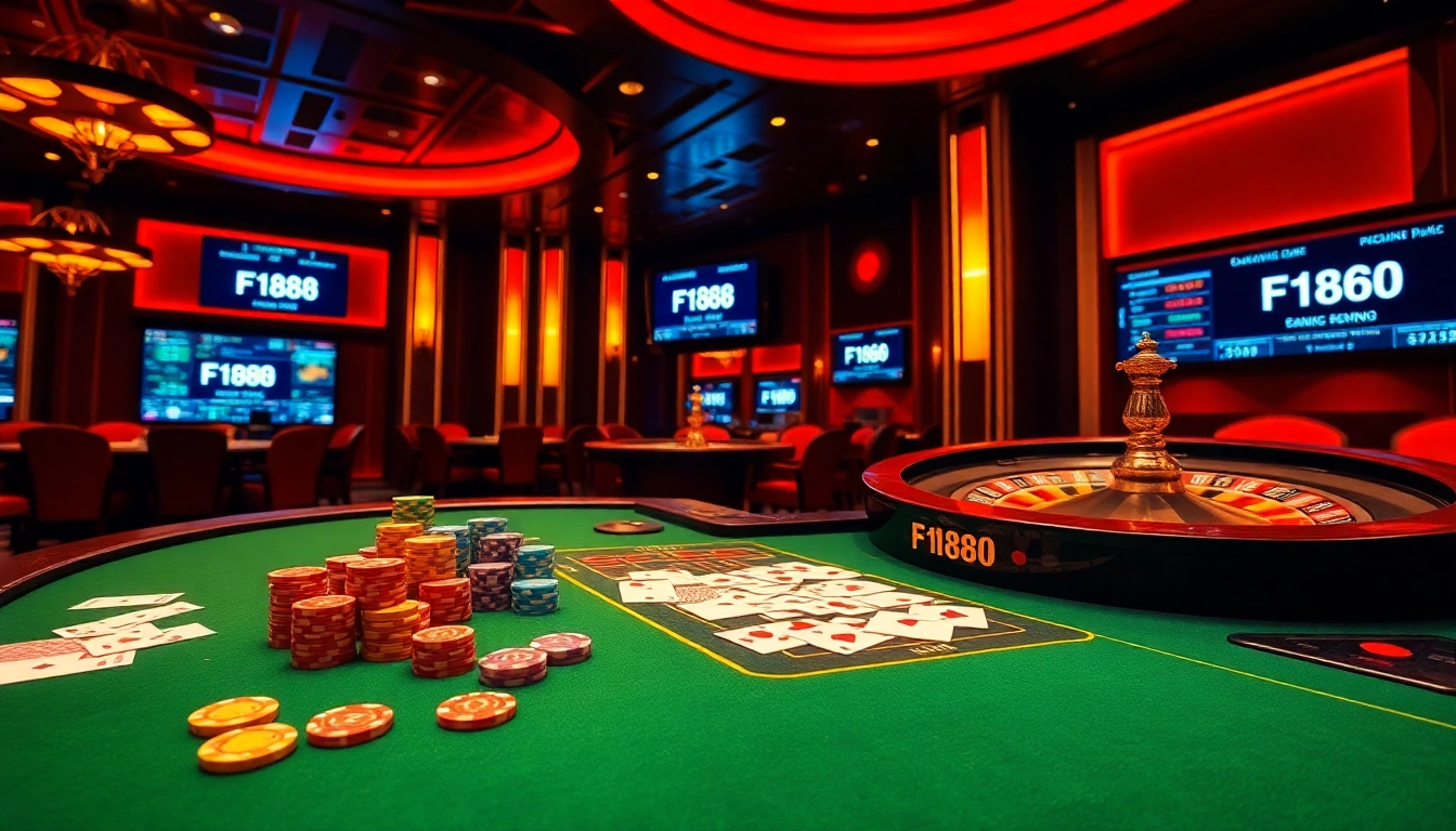 F168 gaming table with colorful chips and cards in a luxurious casino setting.