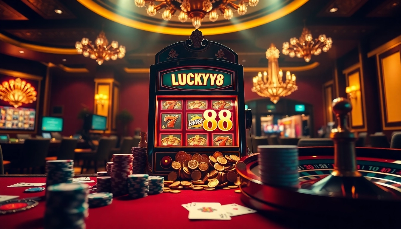 Experience the thrill of winning on the LUCKY88 slot machine in a luxurious casino setting.