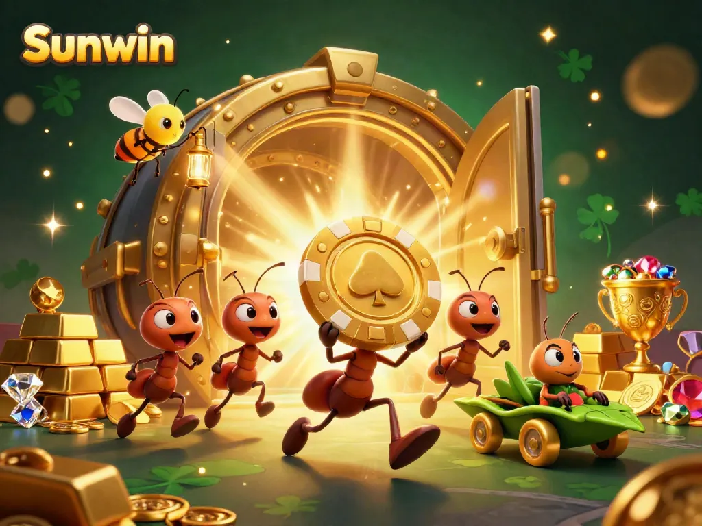 Ants stealing a giant poker chip in a rich casino environment, featuring Sunwin branding prominently.
