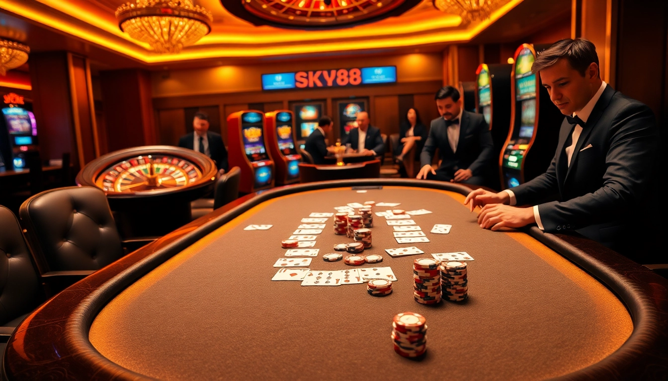 High-stakes players enjoying games at SKY88 casino table with vibrant roulette wheels and chip stacks.